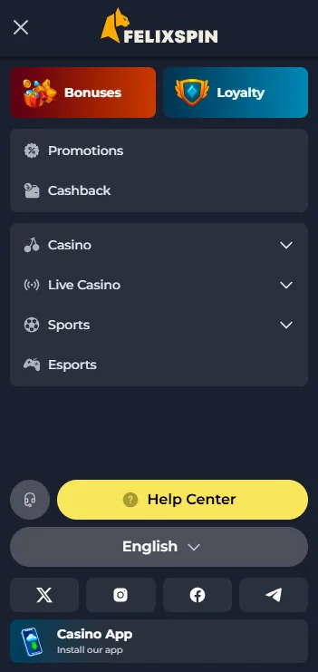 Mobile Navigation Felix Casino